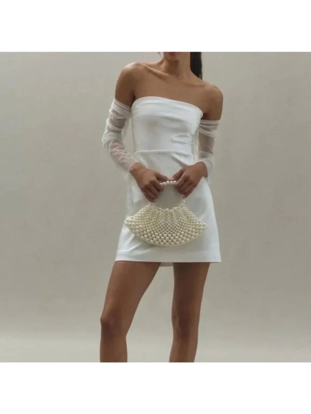 NWOT BHLDN Off The Shoulder Tulle Sleeve Satin Mini Dress XL Anthropologie White